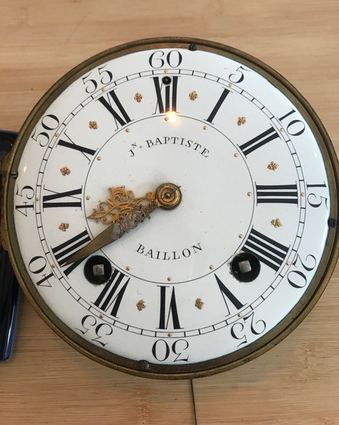 A late 19th century French carved walnut wall clock combined thermometer and barometer, dial and movement marked J Baptiste Baillon, Paris, height 93cm